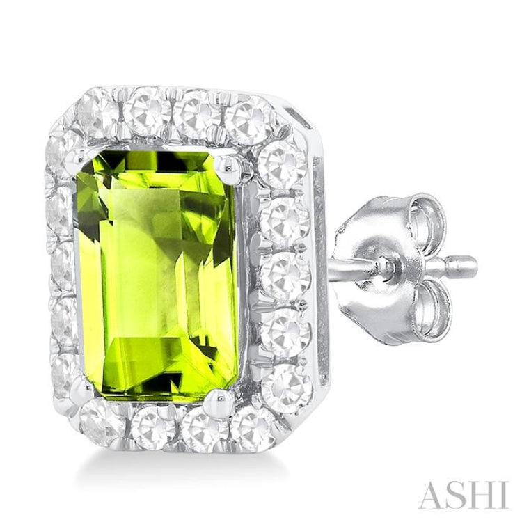 6x4 MM Octagonal Shape Peridot and 1/4 Ctw Round Cut Diamond Halo Semi-Precious Stud Earrings in 10K White Gold