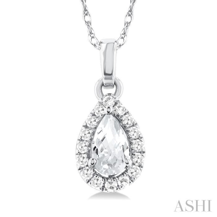 5x3 MM Pear Shape White Topaz and 1/20 Ctw Single Cut Diamond Halo Semi-Precious Pendant with Chain in 10K White Gold