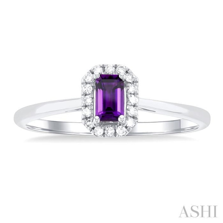 5x3 MM Octagonal Shape Amethyst and 1/20 Ctw Single Cut Diamond Halo Semi-Precious Ring in 10K White Gold
