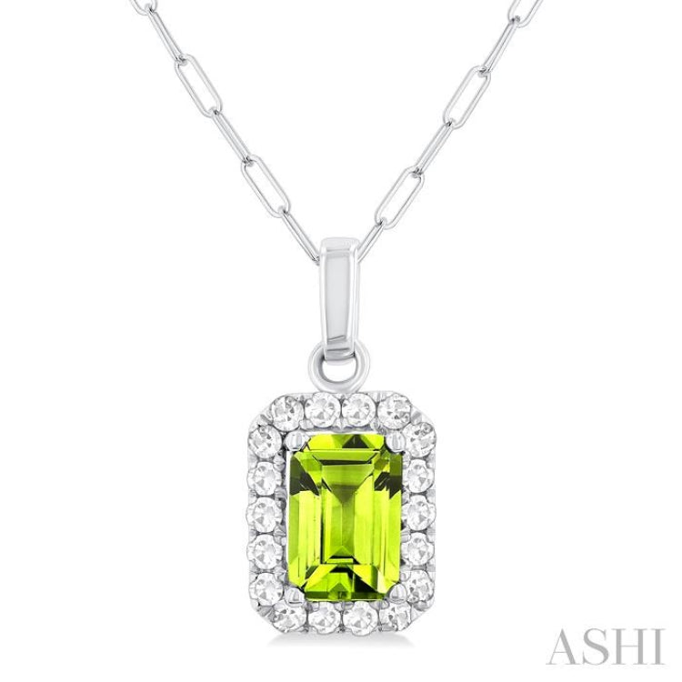6x4 MM Octagonal Shape Peridot and 1/6 Ctw Round Cut Diamond Halo Semi-Precious Pendant with Chain in 14K White Gold