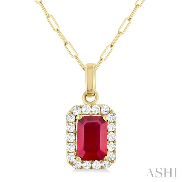 6x4 MM Octagonal Shape Ruby and 1/6 Ctw Round Cut Diamond Halo Precious Pendant with Chain in 14K Yellow Gold