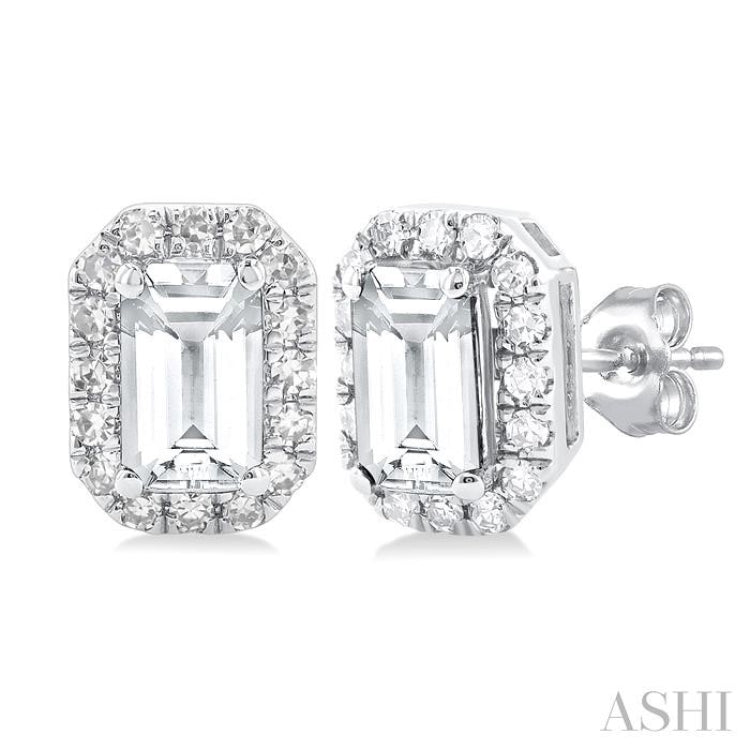 5x3 MM Octagonal Shape White Topaz and 1/8 Ctw Single Cut Diamond Halo Semi-Precious Stud Earrings in 14K White Gold
