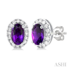 5x3 MM Oval Shape Amethyst and 1/8 Ctw Single Cut Diamond Halo Semi-Precious Stud Earrings in 14K White Gold