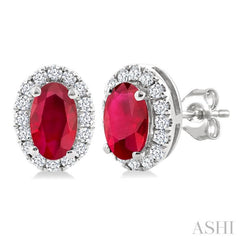 5x3 MM Oval Shape Ruby and 1/8 Ctw Single Cut Diamond Halo Precious Stud Earrings in 14K White Gold