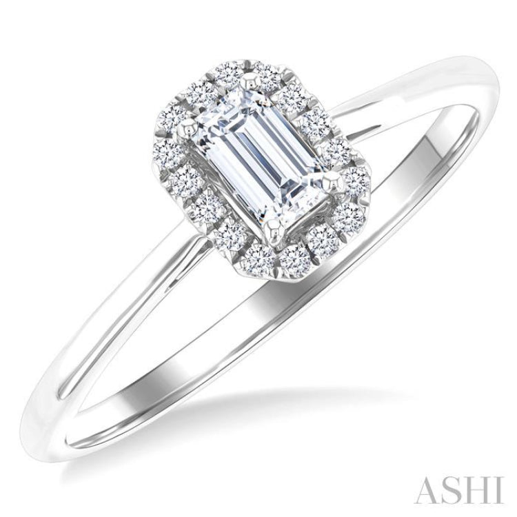 5x3 MM Octagonal Shape White Topaz and 1/20 Ctw Single Cut Diamond Halo Semi-Precious Ring in 14K White Gold