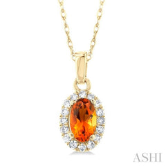 5x3 MM Oval Shape Citrine and 1/20 Ctw Single Cut Diamond Halo Semi-Precious Pendant with Chain in 14K Yellow Gold