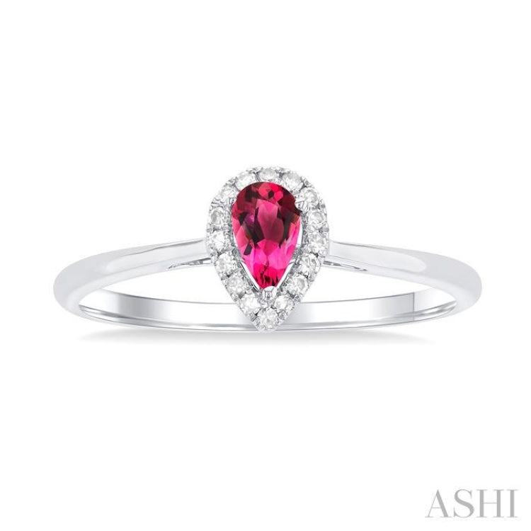 5x3 MM Pear Shape Pink Tourmaline and 1/20 Ctw Single Cut Diamond Halo Semi-Precious Ring in 14K White Gold