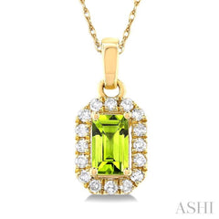 5x3 MM Octagonal Shape Peridot and 1/20 Ctw Single Cut Diamond Halo Semi-Precious Pendant with Chain in 14K Yellow Gold