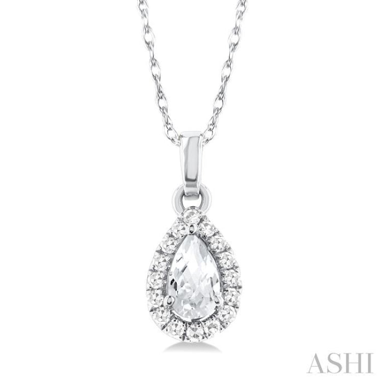 5x3 MM Pear Shape White Topaz and 1/20 Ctw Single Cut Diamond Halo Semi-Precious Pendant with Chain in 14K White Gold