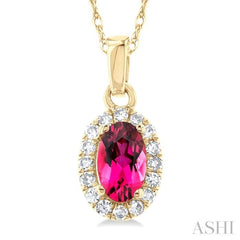 5x3 MM Oval Shape Pink Tourmaline and 1/20 Ctw Single Cut Diamond Halo Semi-Precious Pendant with Chain in 10K Yellow Gold