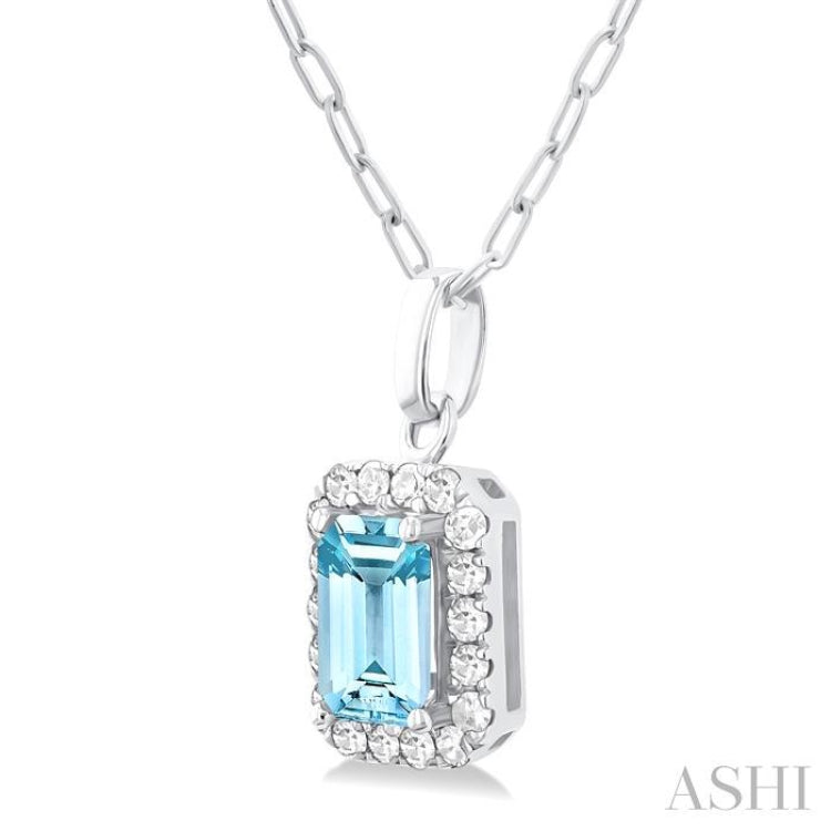 6x4 MM Octagonal Shape Aquamarine and 1/6 Ctw Round Cut Diamond Halo Semi-Precious Pendant with Chain in 14K White Gold