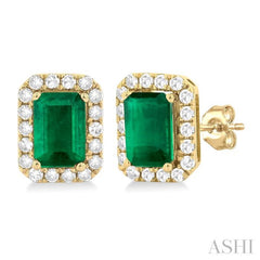 6x4 MM Octagonal Shape Emerald and 1/4 Ctw Round Cut Diamond Halo Precious Stud Earrings in 14K Yellow Gold