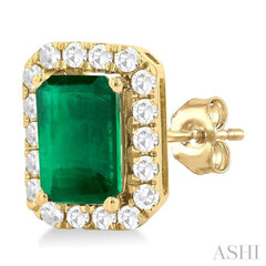 6x4 MM Octagonal Shape Emerald and 1/4 Ctw Round Cut Diamond Halo Precious Stud Earrings in 14K Yellow Gold