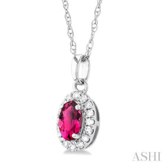 5x3 MM Oval Shape Pink Tourmaline and 1/20 Ctw Single Cut Diamond Halo Semi-Precious Pendant with Chain in 10K White Gold