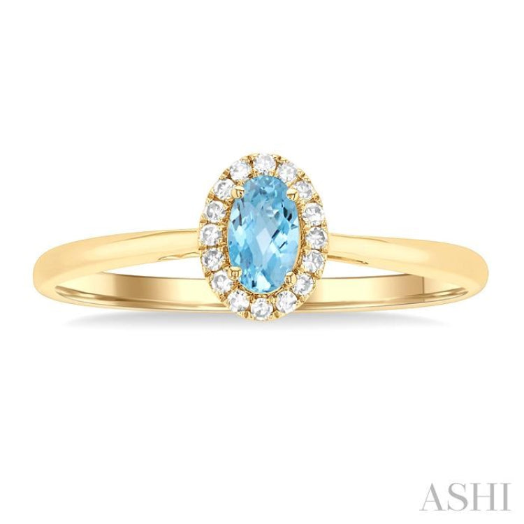 5x3 MM Oval Shape Aquamarine and 1/20 Ctw Single Cut Diamond Halo Semi-Precious Ring in 10K Yellow Gold