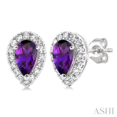 5x3 MM Pear Shape Amethyst and 1/8 Ctw Single Cut Diamond Halo Semi-Precious Stud Earrings in 14K White Gold