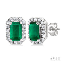 5x3 MM Octagonal Shape Emerald and 1/8 Ctw Single Cut Diamond Halo Precious Stud Earrings in 14K White Gold