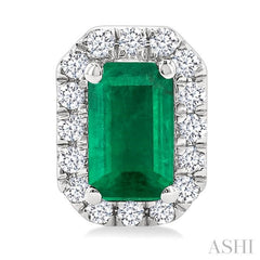 5x3 MM Octagonal Shape Emerald and 1/8 Ctw Single Cut Diamond Halo Precious Stud Earrings in 14K White Gold