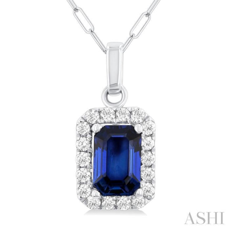 6x4 MM Octagonal Shape Sapphire and 1/6 Ctw Round Cut Diamond Halo Precious Pendant with Chain in 14K White Gold