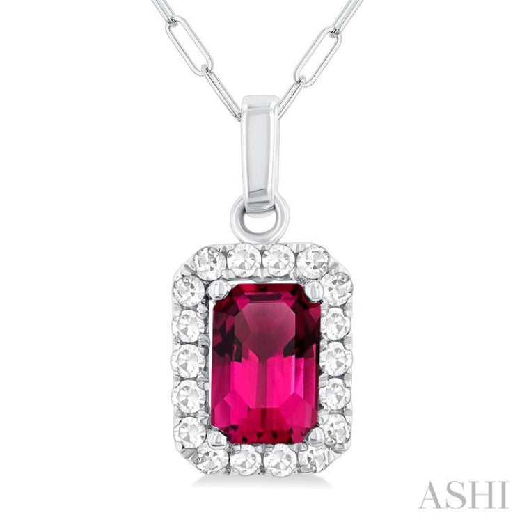 6x4 MM Octagonal Shape Pink Tourmaline and 1/6 Ctw Round Cut Diamond Halo Semi-Precious Pendant with Chain in 14K White Gold
