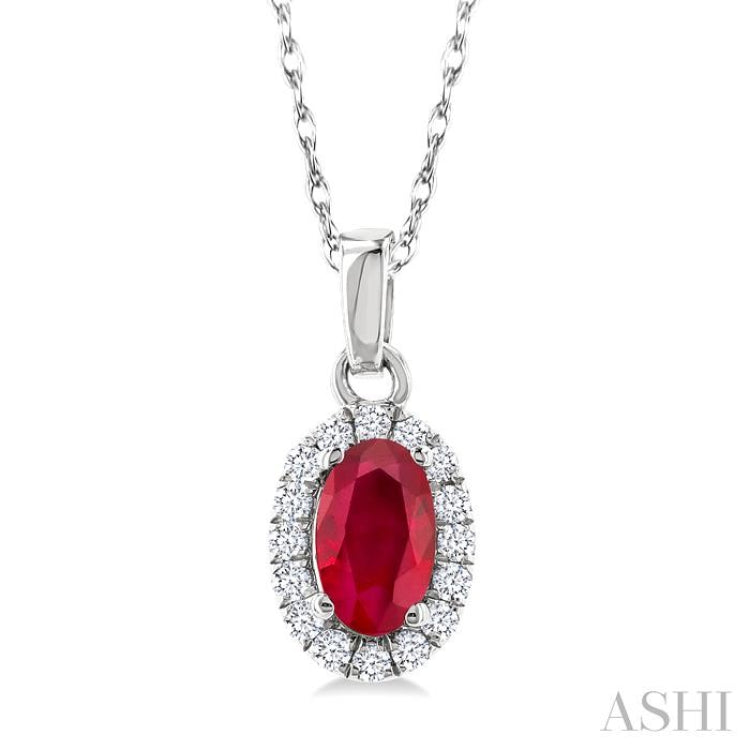 5x3 MM Oval Shape Ruby and 1/20 Ctw Single Cut Diamond Halo Precious Pendant with Chain in 10K White Gold