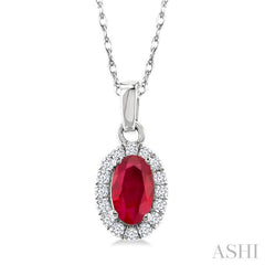5x3 MM Oval Shape Ruby and 1/20 Ctw Single Cut Diamond Halo Precious Pendant with Chain in 10K White Gold