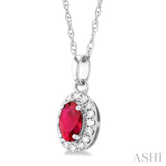 5x3 MM Oval Shape Ruby and 1/20 Ctw Single Cut Diamond Halo Precious Pendant with Chain in 10K White Gold