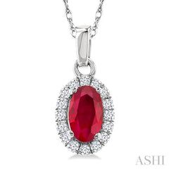 5x3 MM Oval Shape Ruby and 1/20 Ctw Single Cut Diamond Halo Precious Pendant with Chain in 10K White Gold