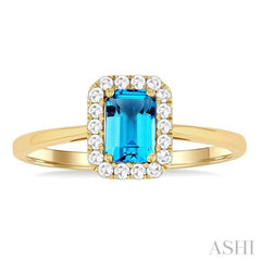 6x4 MM Octagonal Shape Blue Topaz and 1/6 Ctw Round Cut Diamond Halo Semi-Precious Ring in 14K Yellow Gold
