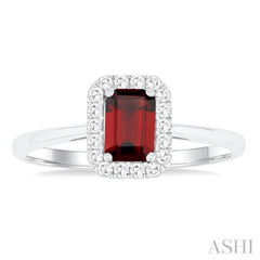 6x4 MM Octagonal Shape Garnet and 1/6 Ctw Round Cut Diamond Halo Semi-Precious Ring in 10K White Gold