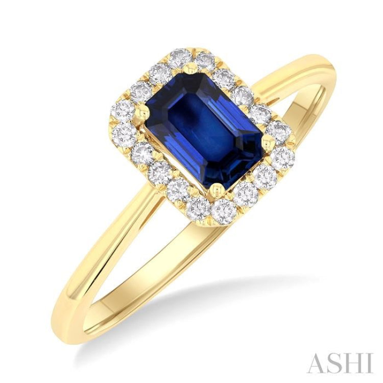 6x4 MM Octagonal Shape Sapphire and 1/6 Ctw Round Cut Diamond Halo Precious Ring in 10K Yellow Gold