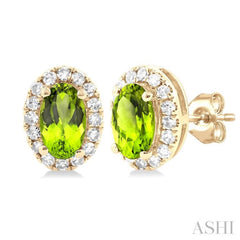 5x3 MM Oval Shape Peridot and 1/8 Ctw Single Cut Diamond Halo Semi-Precious Stud Earrings in 14K Yellow Gold