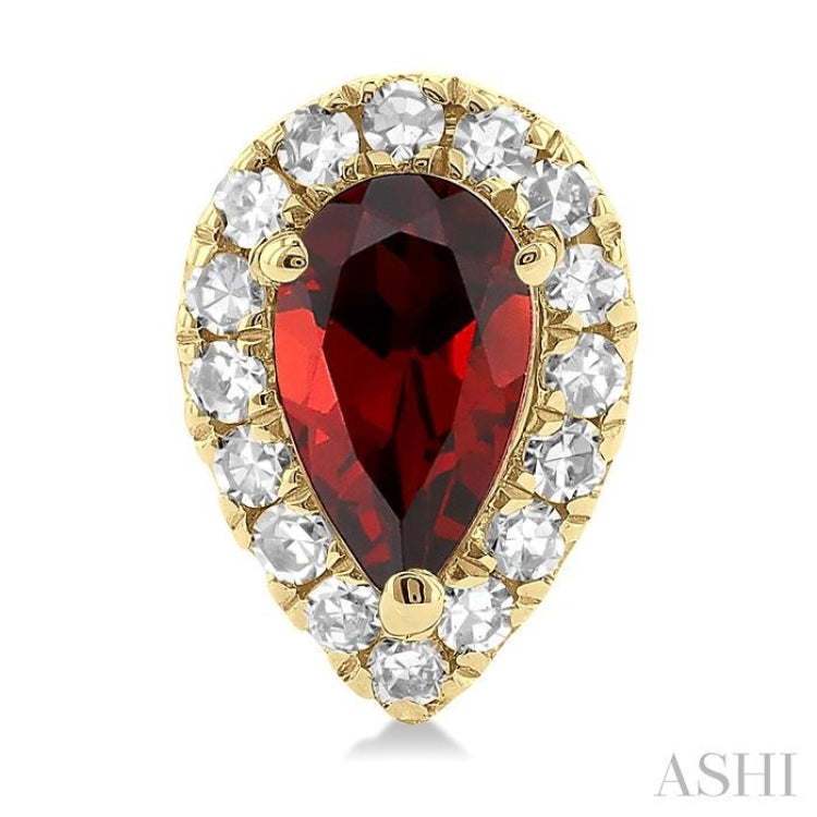 5x3 MM Pear Shape Garnet and 1/8 Ctw Single Cut Diamond Halo Semi-Precious Stud Earrings in 14K Yellow Gold