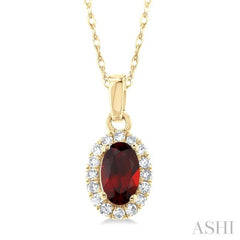 5x3 MM Oval Shape Garnet and 1/20 Ctw Single Cut Diamond Halo Semi-Precious Pendant with Chain in 10K Yellow Gold