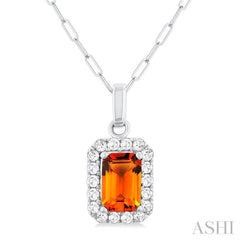 6x4 MM Octagonal Shape Citrine and 1/6 Ctw Round Cut Diamond Halo Semi-Precious Pendant with Chain in 10K White Gold