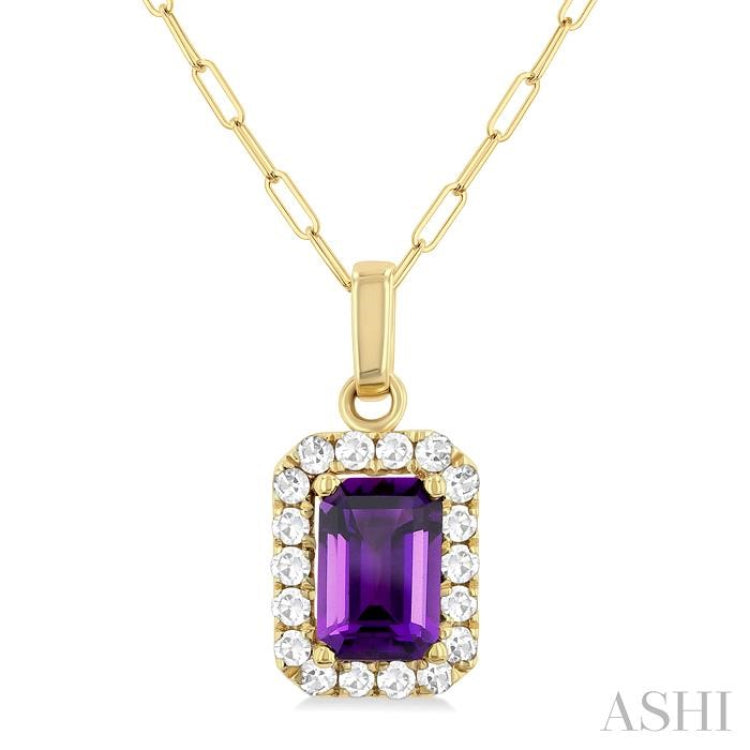 6x4 MM Octagonal Shape Amethyst and 1/6 Ctw Round Cut Diamond Halo Semi-Precious Pendant with Chain in 14K Yellow Gold