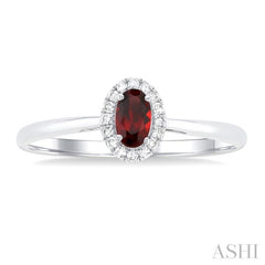5x3 MM Oval Shape Garnet and 1/20 Ctw Single Cut Diamond Halo Semi-Precious Ring in 14K White Gold