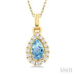 5x3 MM Pear Shape Aquamarine and 1/20 Ctw Single Cut Diamond Halo Semi-Precious Pendant with Chain in 14K Yellow Gold