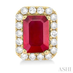 6x4 MM Octagonal Shape Ruby and 1/4 Ctw Round Cut Diamond Halo Precious Stud Earrings in 14K Yellow Gold