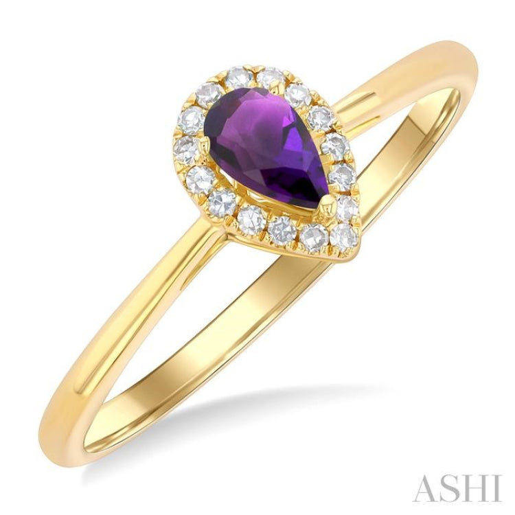 5x3 MM Pear Shape Amethyst and 1/20 Ctw Single Cut Diamond Halo Semi-Precious Ring in 10K Yellow Gold