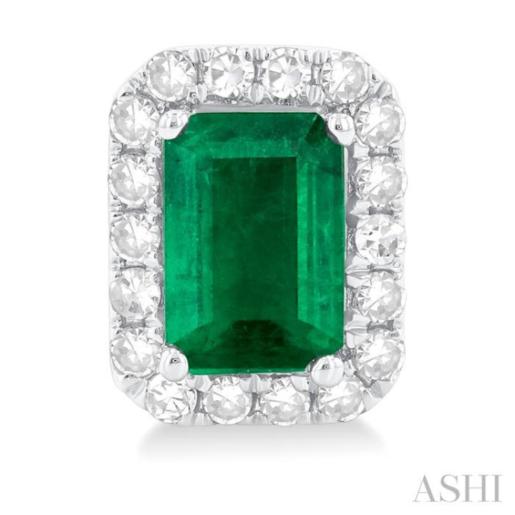 6x4 MM Octagonal Shape Emerald and 1/4 Ctw Round Cut Diamond Halo Precious Stud Earrings in 10K White Gold