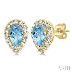 5x3 MM Pear Shape Aquamarine and 1/8 Ctw Single Cut Diamond Halo Semi-Precious Stud Earrings in 14K Yellow Gold
