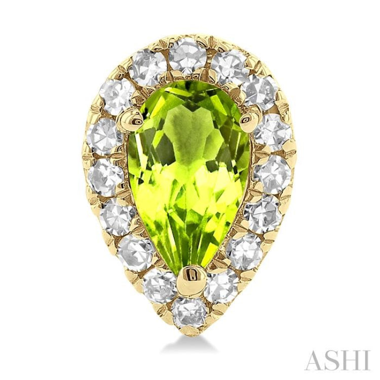5x3 MM Pear Shape Peridot and 1/8 Ctw Single Cut Diamond Halo Semi-Precious Stud Earrings in 14K Yellow Gold