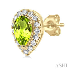 5x3 MM Pear Shape Peridot and 1/8 Ctw Single Cut Diamond Halo Semi-Precious Stud Earrings in 14K Yellow Gold