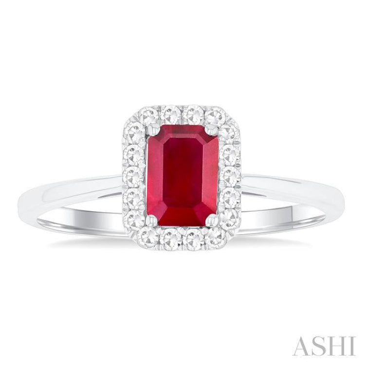 6x4 MM Octagonal Shape Ruby and 1/6 Ctw Round Cut Diamond Halo Precious Ring in 14K White Gold