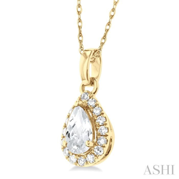 5x3 MM Pear Shape White Topaz and 1/20 Ctw Single Cut Diamond Halo Semi-Precious Pendant with Chain in 10K Yellow Gold