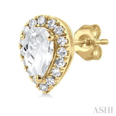 5x3 MM Pear Shape White Topaz and 1/8 Ctw Single Cut Diamond Halo Semi-Precious Stud Earrings in 14K Yellow Gold
