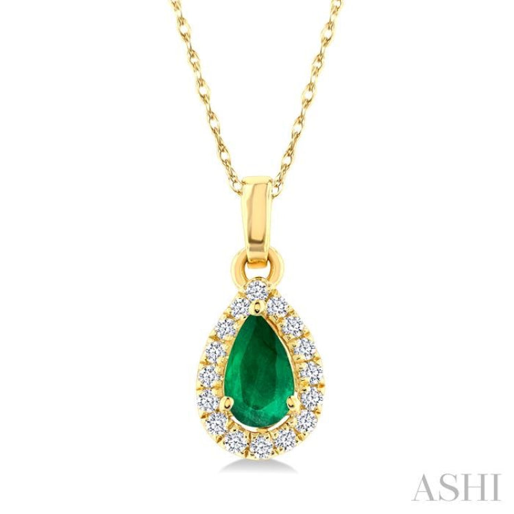 5x3 MM Pear Shape Emerald and 1/20 Ctw Single Cut Diamond Halo Precious Pendant with Chain in 14K Yellow Gold