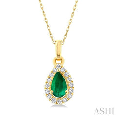 5x3 MM Pear Shape Emerald and 1/20 Ctw Single Cut Diamond Halo Precious Pendant with Chain in 14K Yellow Gold