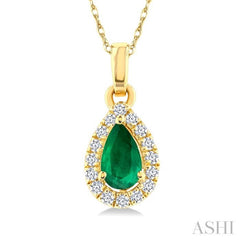 5x3 MM Pear Shape Emerald and 1/20 Ctw Single Cut Diamond Halo Precious Pendant with Chain in 14K Yellow Gold